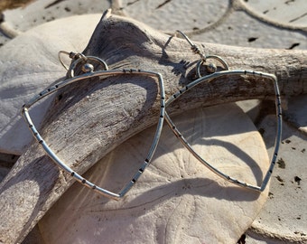 Line Textured Trillion Hoop Earrings in Sterling Silver - Artisan Silver Geometric Hoop Earrings