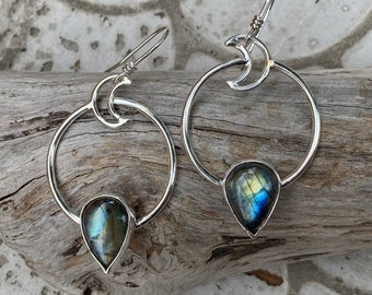 Labradorite Teardrop Moon Hoop Earrings - Sterling Silver Moon Earrings with Labradorite Teardrops - Sterling Silver Moon Jewelry