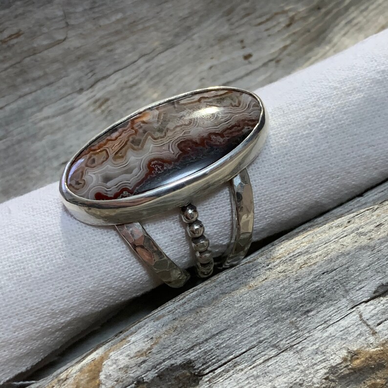 Artisan Ring Sterling and Fine Silver Statement Ring Big Oval Old Stock Crazy Lace Agate Ring Triple Band Ring