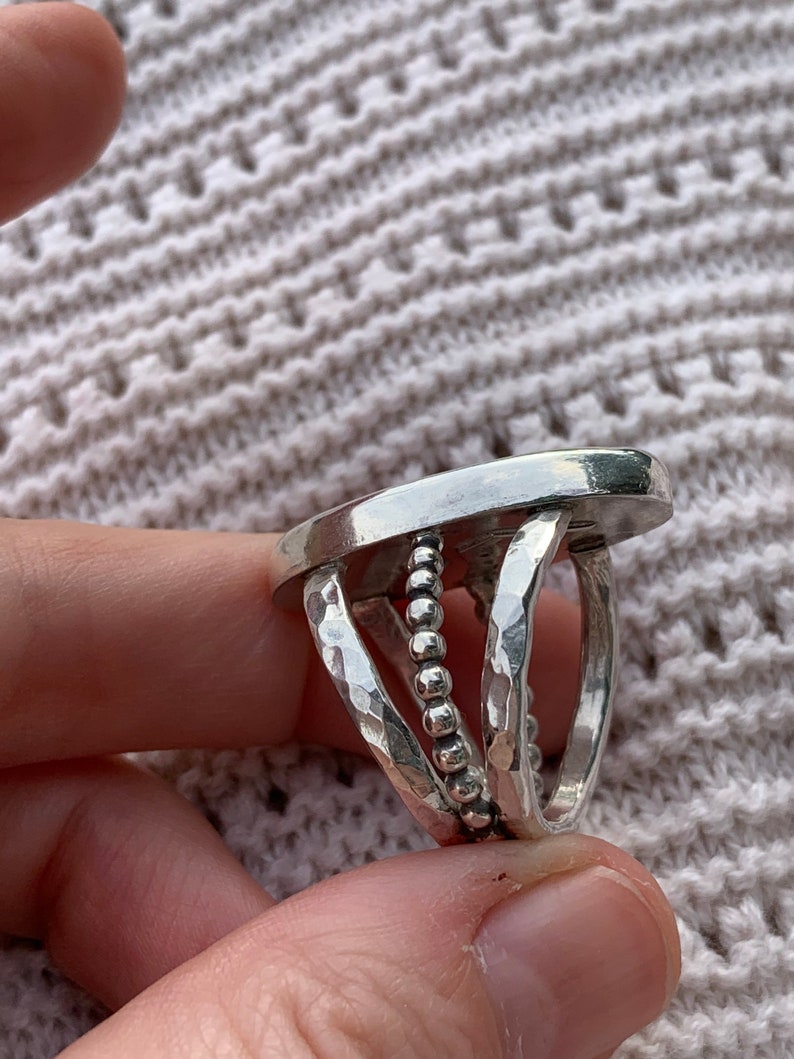 Artisan Ring Sterling and Fine Silver Statement Ring Big Oval Old Stock Crazy Lace Agate Ring Triple Band Ring