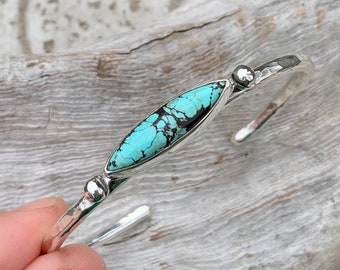 Light Blue Marquise Turquoise Cuff Bracelet with Two Silver Orbs in Hammered Sterling Silver - Artisan Silver Turquoise Cuff
