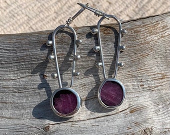 Ruby in Matrix Drop Earrings with Orbs in Sterling Silver - Artisan Silver Ruby Slice Drop and Dangle Earrings