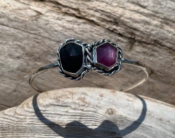 Black Onyx and Pink Sapphire Hexagons Cuff Bracelet in Sterling and Fine Silver - Artisan Made Hammered Silver Double Gemstone Cuff Bracelet