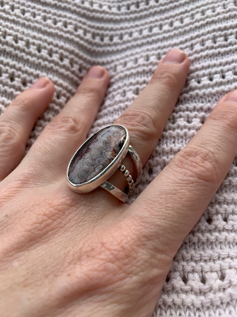 Artisan Ring Sterling and Fine Silver Statement Ring Big Oval Old Stock Crazy Lace Agate Ring Triple Band Ring