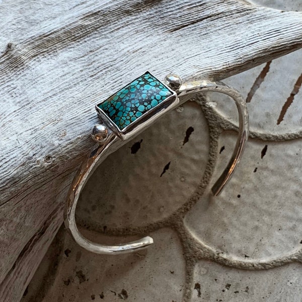 Green Spiderweb Hubei Turquoise Sterling Silver Cuff - Hammered Sterling Silver Cuff Bracelet