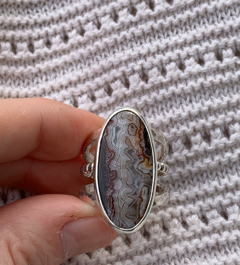 Artisan Ring Sterling and Fine Silver Statement Ring Big Oval Old Stock Crazy Lace Agate Ring Triple Band Ring