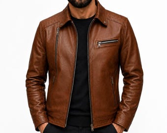 Giacca da motociclista vintage da uomo in pelle bovina marrone, stile Cafe Racer.