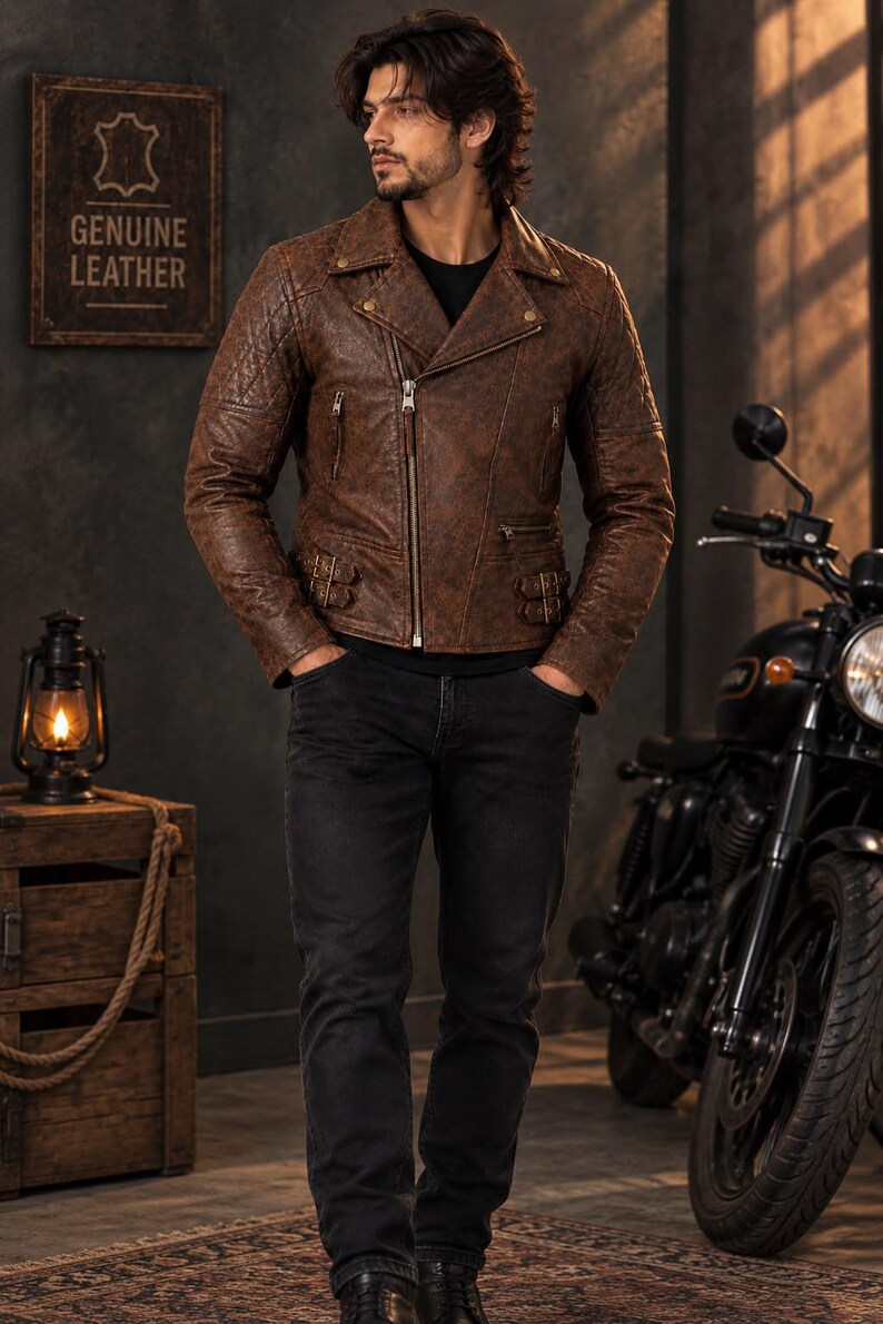 Pu&ograve; includere: Una giacca da moto in pelle marrone con motivo trapuntato sulle spalle, chiusura diagonale con zip argentata, due tasche laterali con zip e fibbie laterali regolabili in vita, indossata sopra una maglietta nera e jeans scuri.