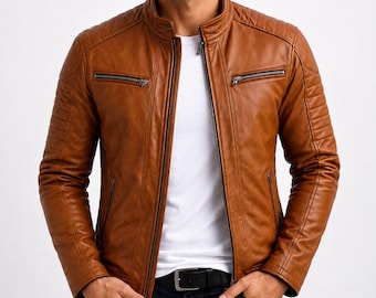 Giacca da uomo in pelle di pecora marrone chiaro stile Cafe Racer – vestibilità slim stile biker