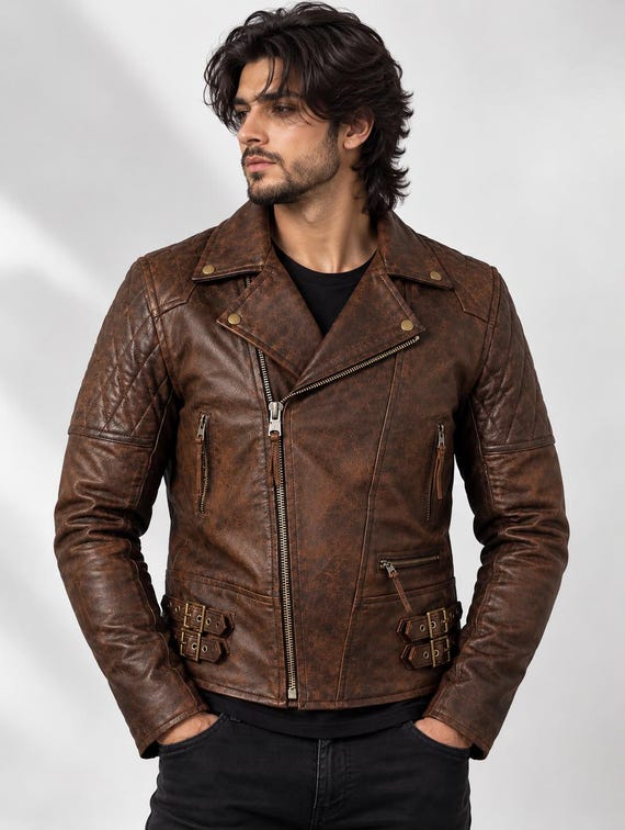 Men's Distressed Brown Cowhide Leather Biker Jacket - Vintage Moto Jacket
