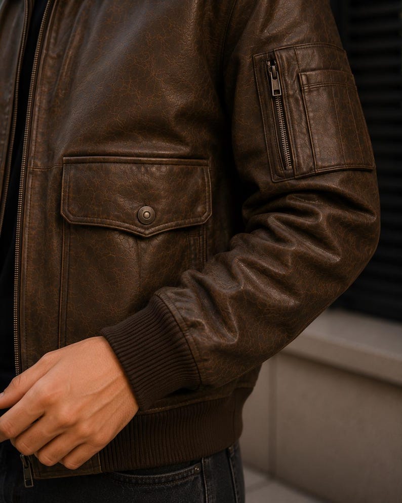 A dark brown leather bomber jacket featuring a front zipper closure, a snap-button flap pocket on the side, and a zippered utility pocket on the upper sleeve. The jacket includes dark brown ribbed cuffs and a matching ribbed hemline.
