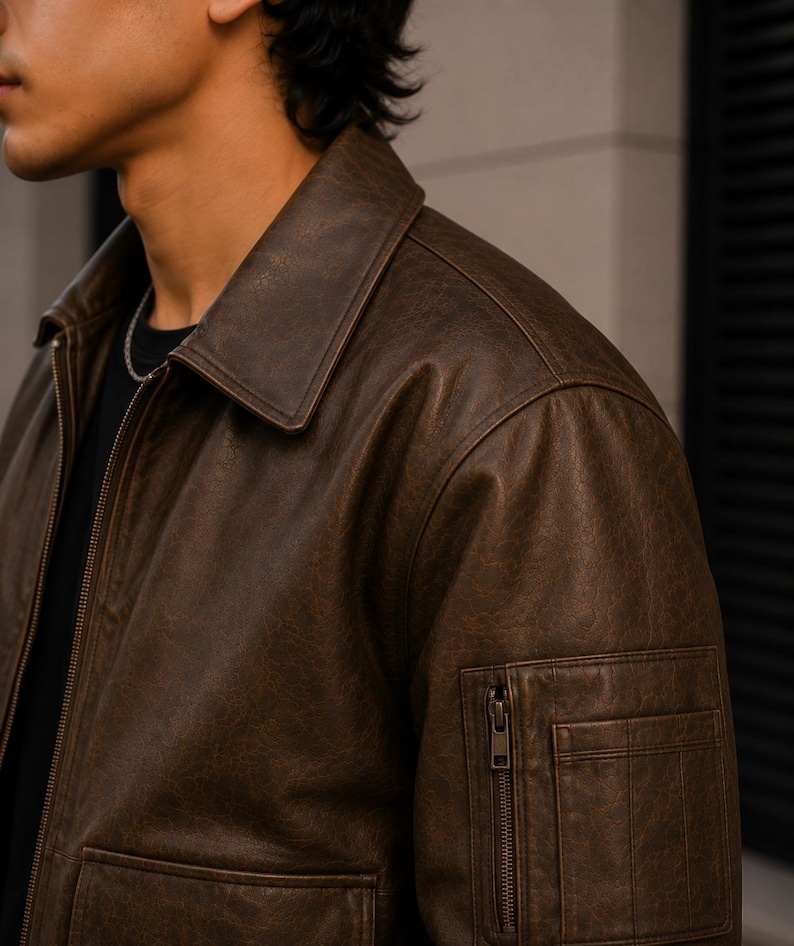 A dark brown leather jacket featuring a classic collar, a full-length front zipper, and a utility pocket on the upper sleeve with a vertical zipper closure. The jacket has a textured finish and is worn over a plain black shirt.