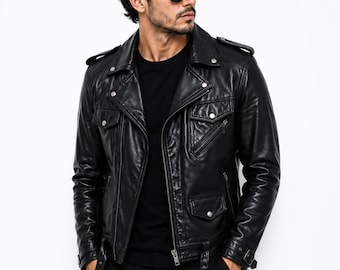Giacca da motociclista da uomo in vera pelle bovina nera, cappotto vintage da moto, con toppe da corsa.