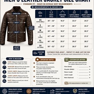 Pu&ograve; includere: Una tabella delle taglie per giacche in pelle con una giacca in pelle marrone a sinistra e una tabella con le misure in pollici per le taglie dalla XS alla 2X. Il grafico include sezioni su come misurare, note importanti e un modulo su misura.