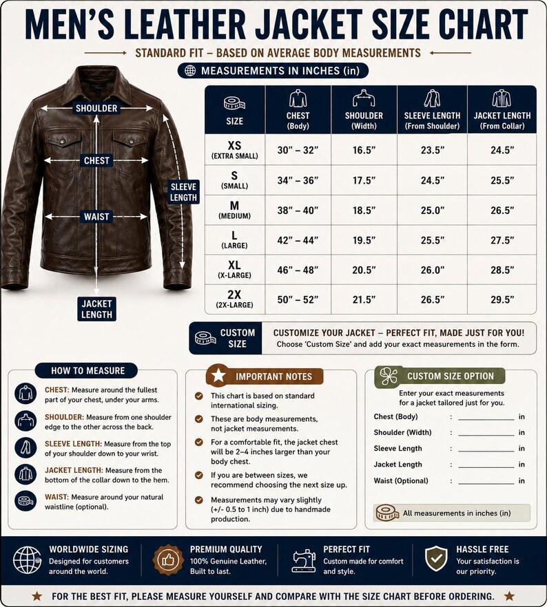 Pu&ograve; includere: Una tabella delle taglie per giacche in pelle con una giacca in pelle marrone a sinistra e una tabella con le misure in pollici per le taglie dalla XS alla 2X. Il grafico include sezioni su come misurare, note importanti e un modulo su misura.