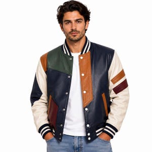 Men’s Genuine Leather Varsity Jacket – Handmade Color Block Bomber Jacket – College Style Letterman Outerwear