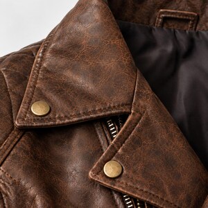 Pu&ograve; includere: Una giacca in pelle marrone con una texture vissuta, un ampio colletto a revers e bottoni a pressione in metallo color ottone anticato. La giacca presenta una cerniera in metallo argentato con cursore YKK e una fodera interna scura.