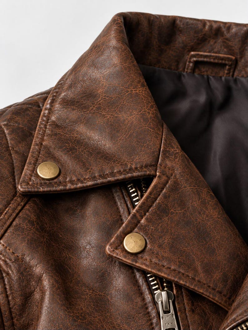 Pu&ograve; includere: Una giacca in pelle marrone con una texture vissuta, un ampio colletto a revers e bottoni a pressione in metallo color ottone anticato. La giacca presenta una cerniera in metallo argentato con cursore YKK e una fodera interna scura.