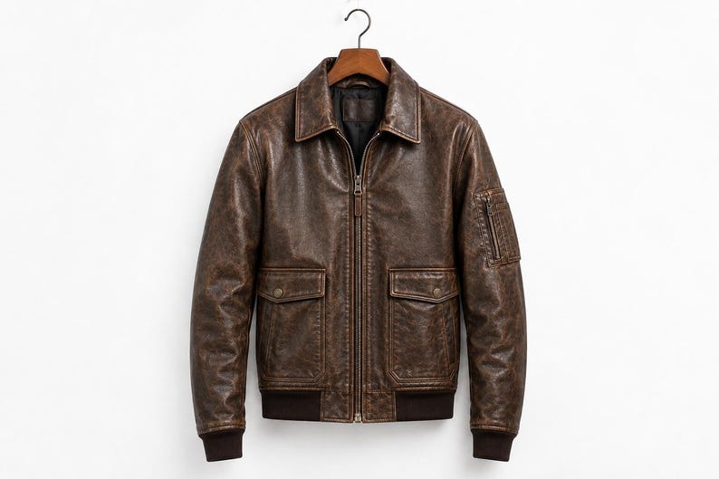 A brown leather bomber jacket featuring a front zipper closure, a classic collar, and two large flap pockets with snap buttons. The jacket includes a small zippered utility pocket on the left sleeve and ribbed cuffs and hem.