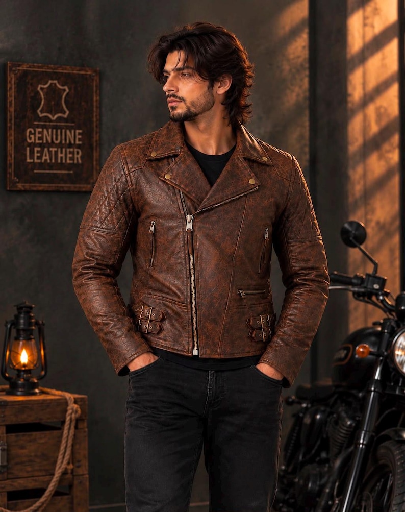 Men’s distressed brown cowhide leather biker jacket with asymmetrical zipper, quilted shoulders, zip pockets and buckle details, modeled in a vintage motorcycle-inspired studio setting.