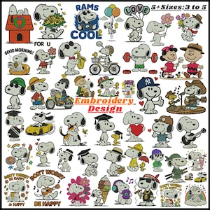 May include: A collection of Snoopy embroidery designs featuring various activities, outfits, and accessories. The images include Snoopy with flowers, sports gear, musical instruments, vehicles, and graduation attire, with text like Rams Cool and Don't Worry Be Happy.