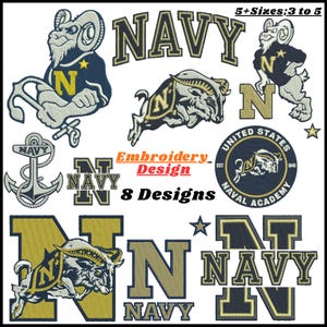 May include: A collection of eight embroidery designs featuring the United States Naval Academy theme. Elements include a ram mascot, the word NAVY in block lettering, a navy anchor, and a circular emblem with the text United States Naval Academy.