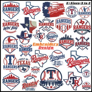 24+ Texas Rangers honkbal borduurpatronen voor de borduurmachine, honkbal script borduurpatroon, vintage honkbal, trendy western sport design, PES DST 5 maten
