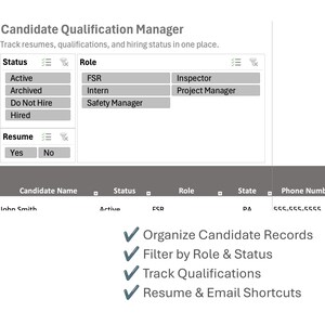 May include: A digital interface titled Candidate Qualification Manager featuring a table with columns for Candidate Name, Status, Role, State, Phone Number, and Email Address. It includes filter menus for Status, Role, and Resume, plus a list of features.