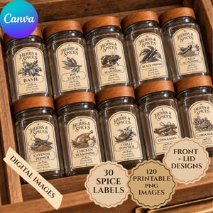 May include: A collection of clear glass spice jars with wooden lids, each featuring a vintage-style cream label with black text and illustrations. Labels include Basil, Bay Leaves, BBQ Seasoning, Black Pepper, Cajun Seasoning, Cayenne Pepper, Chicken Seasoning, Chilli Powder, Cinnamon, and Coriander. Text overlays indicate digital images, 30 spice labels, 120 printable PNG images, and front plus lid designs.