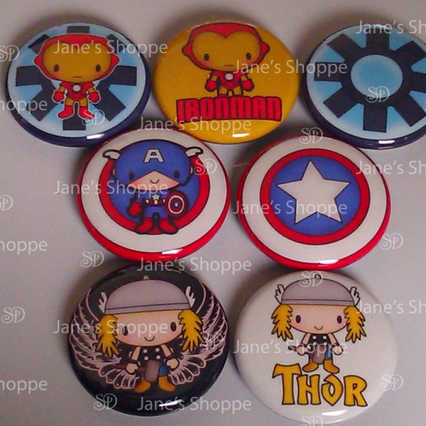 Cute Chibi Heroes. Flatback / Pinback / Hollowback (1inch 25mm OR 1.25" 31mm) Set of 14 Buttons Party Favors / DIY Projects
