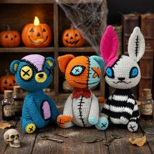 May include: Three handmade crochet dolls featuring a blue bear with yellow eyes, an orange and light blue cat with a red bow tie, and a white and black rabbit with pink and white ears. Each doll has stitched details and button-style eyes.