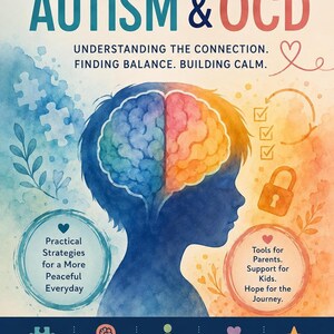 May include: A poster titled Untangling AUTISM & OCD with the subtitle Understanding the connection. Finding balance. Building calm. It features a watercolor silhouette of a child's head with a split blue and orange brain, puzzle pieces, a lock, and icons.