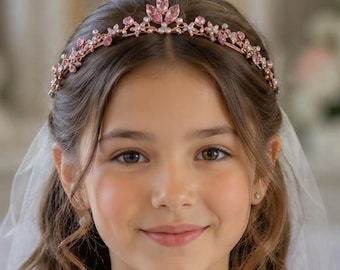 Girls Crystal First Communion Headband, Gold Flower Girl Tiara, Princess Hair Crown