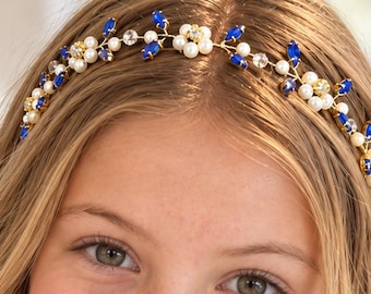 Blue Crystal and Pearl Flower Headband, Gold Hair Vine with Ribbon Ties for Flower Girls and Brides