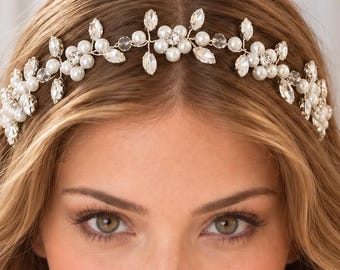 Pearl and Crystal Headband with Ribbon Ties, Floral Hair Vine for Flower Girl, First Communion and Wedding Headband