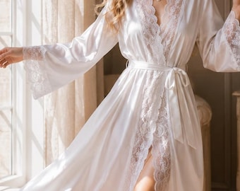 Personalized Luxury White Satin Lace Robe for Bride, Bridal Getting Ready Robe, Long Wedding Robe, Honeymoon Gift, Kimono Bathrobe