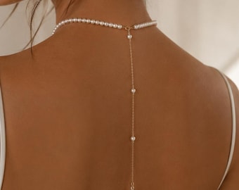 Pearl Backdrop Necklace for Bride, Bridal Pearl Back Necklace, Open Back Wedding Necklace, Pearl Lariat Necklace, Backless Dress Jewelry