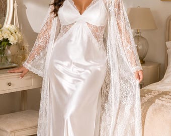 Bridal Robe Set, White Lace Robe & Satin Nightgown, Bridal Lingerie Set, Honeymoon Sleepwear, Wedding Night Dress, XS-4XL Bridal Gift