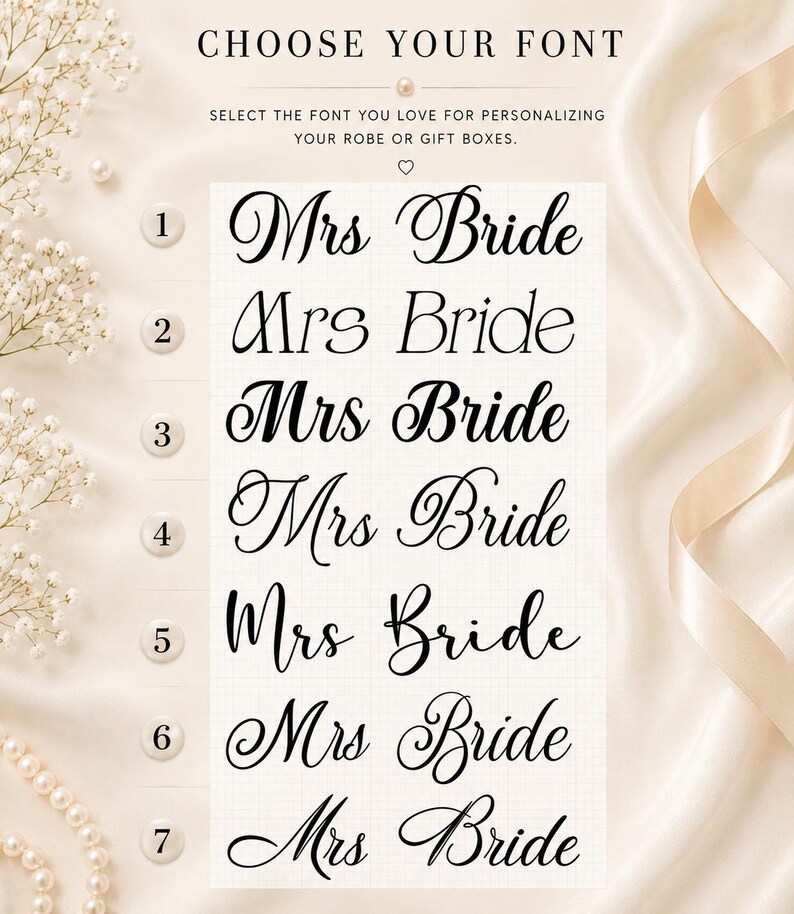 May include: A font selection chart featuring the text CHOOSE YOUR FONT and SELECT THE FONT YOU LOVE FOR PERSONALIZING YOUR ROBE OR GIFT BOXES. Seven numbered options display the words Mrs Bride in various black script and serif typefaces.
