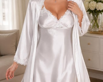 White Satin Bridal Robe Set, Lace Nightgown, Bridal Lingerie Set, Honeymoon Sleepwear, Wedding Robe, Luxury Satin Pajama Set