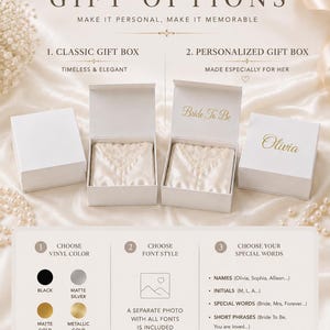 May include: A promotional graphic for Cremea gift options featuring two white square gift boxes, one plain and one personalized with gold text reading Bride To Be and Olivia, containing cream-colored fabric with lace trim, plus customization details.