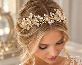 Bridal Hair Vine, Gold Floral Wedding Headband, Pearl Crystal Bridal Headpiece, Wedding Hair Accessory, Flower Crown for Bride, Flower Girl