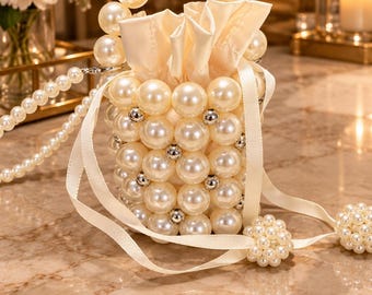 Handmade Pearl Flower Girl Purse, Beaded Wedding Handbag, Kids Princess Bag