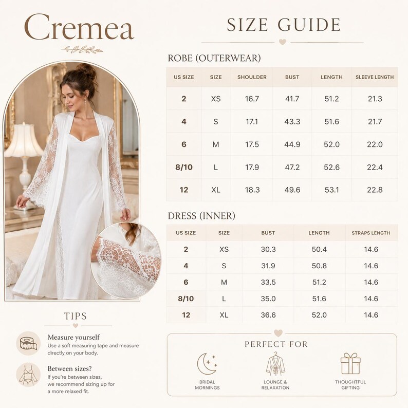 May include: A size guide chart for Cremea brand apparel featuring a white robe and dress set. The image displays two tables with US sizes, shoulder, bust, length, and sleeve measurements in inches, alongside tips for measuring and usage icons.
