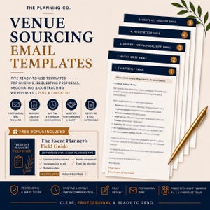 May include: A set of five venue sourcing email templates for event planning, featuring a gold pen and a bonus field guide. The documents include numbered tabs for event briefs, proposals, negotiations, and contracts, all presented in a professional layout.