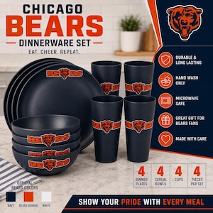 May include: A Chicago Bears dinnerware set featuring navy blue plates, bowls, and cups with the team logo in orange and white. The set includes four dinner plates, four cereal bowls, and four cups, all displaying the official team branding.