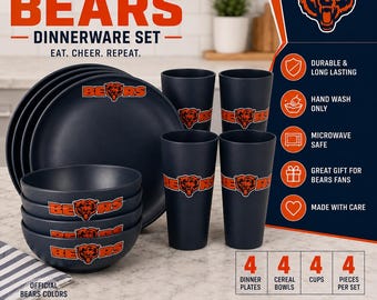 Chicago Bears Football Dinnerware Set | Navy Blue Plates, Bowls & Cups (12-Piece Set)