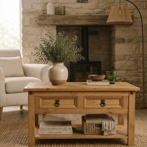 Corona Coffee Table with 2 Drawers & Shelf Solid Mexican Pine Wood Living Room