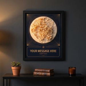 May include: A framed wall art piece featuring a circular 3D relief map of a city in light wood tones set against a dark blue background. The print includes gold geometric line accents and the text "YOUR MESSAGE HERE" above "YOUR CITY".