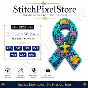 May include: An embroidery design of a ribbon featuring a colourful puzzle piece pattern in shades of blue, yellow, pink, and green. The design measures 88.9 mm by 61.0 mm and is available in PES, DST, JEF, EXP, VP3, XXX, and CND file formats.